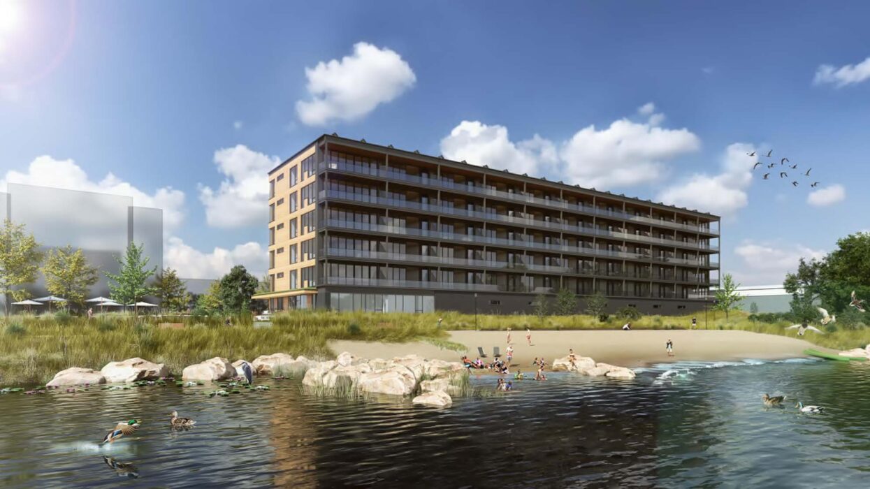 Exterior rendering of Adelaide Pointe mass timber condos in Muskegon, Michigan