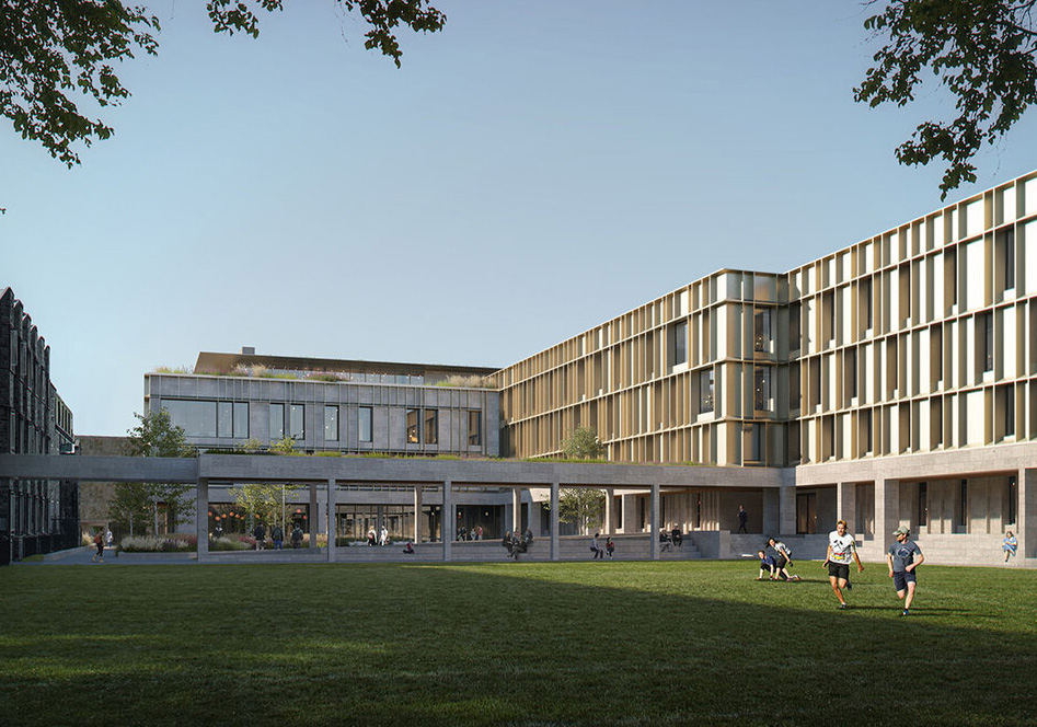Exterior rendering of Trinity College mass timber residences in Toronto, Ontario