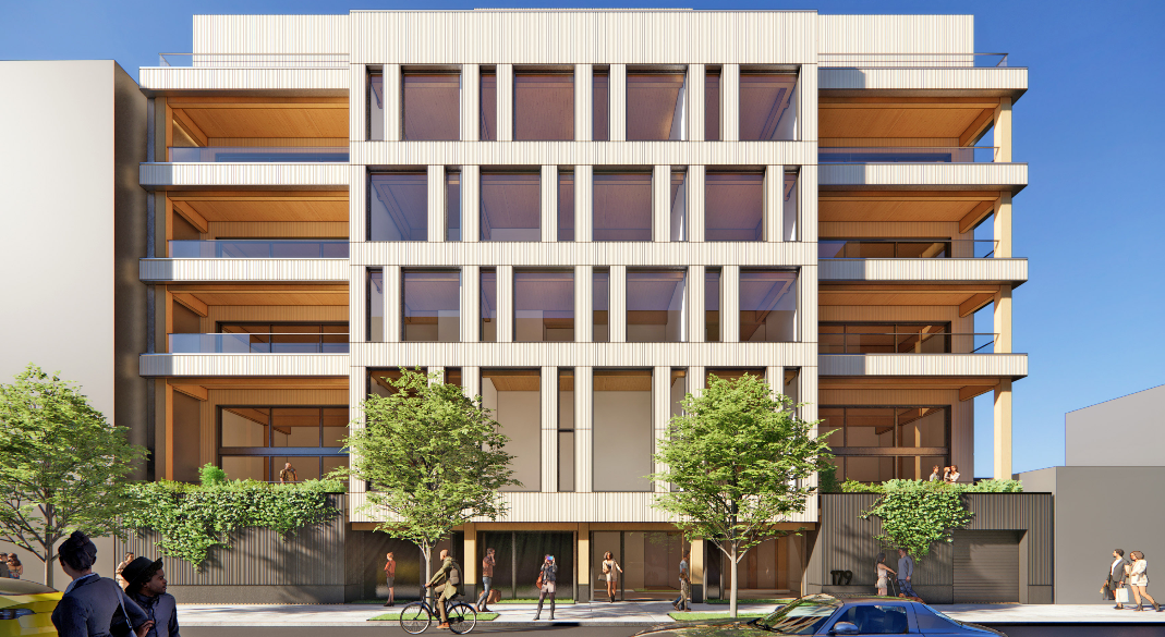 Rendering of Timberburg - 179 North 10th St. Multi-unit mass timber residential housing.