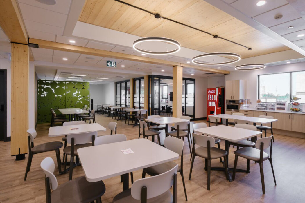Interior of communal space showing off mass timber at the Ronald McDonald House Ottawa.