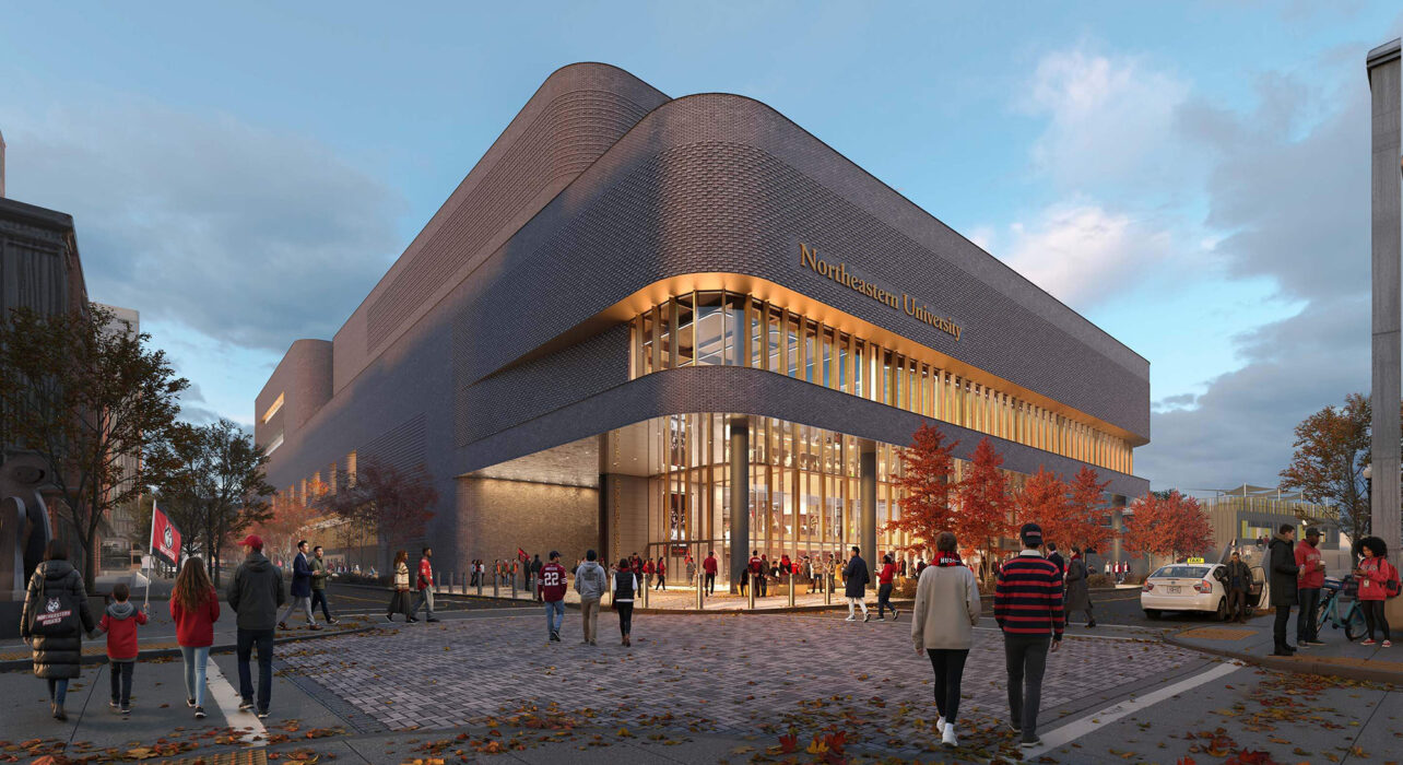 Rendering of Northeastern University mass timber athletics facility.