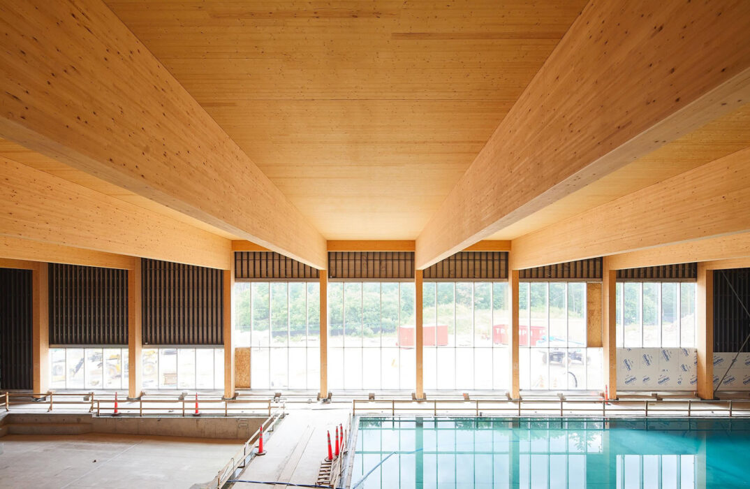 Interior of South Common Community Centre mass timber structure.