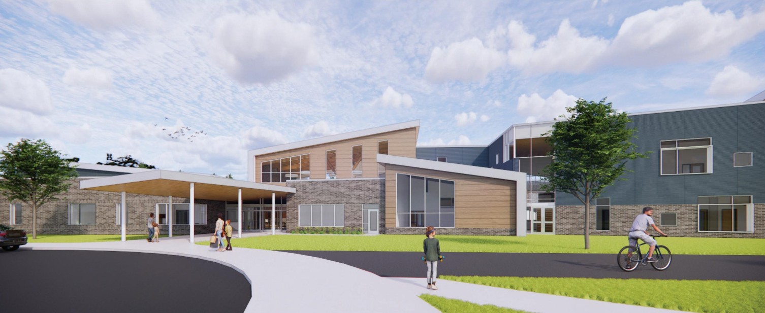 Exterior rendering of Dicken Elementary mass timber school.