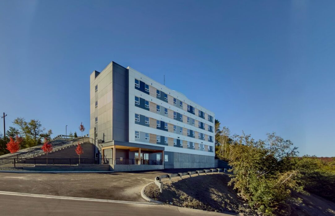 Exterior of the mass timber Sudbury Peace Tower.
